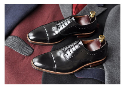 Handmade genuine leather men's business dress shoes England square head Derby   fashion three joint wedding shoes Goodyear