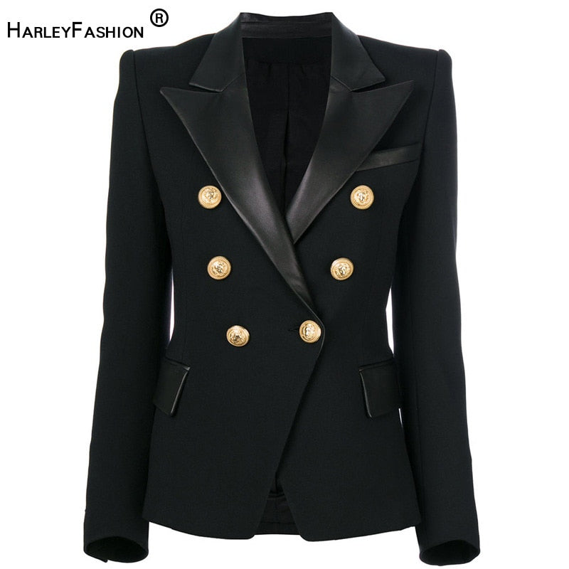 HarleyFashion 2020 Spring Autumn Quality European Design PU Leather Collar Slim Black Blazer OL Formal Classic Fittness Blazers