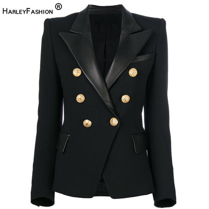 HarleyFashion 2020 Spring Autumn Quality European Design PU Leather Collar Slim Black Blazer OL Formal Classic Fittness Blazers