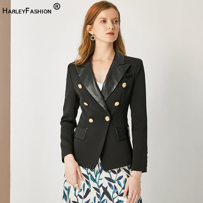 HarleyFashion 2020 Spring Autumn Quality European Design PU Leather Collar Slim Black Blazer OL Formal Classic Fittness Blazers