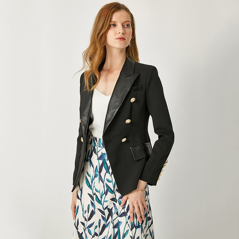 HarleyFashion 2020 Spring Autumn Quality European Design PU Leather Collar Slim Black Blazer OL Formal Classic Fittness Blazers