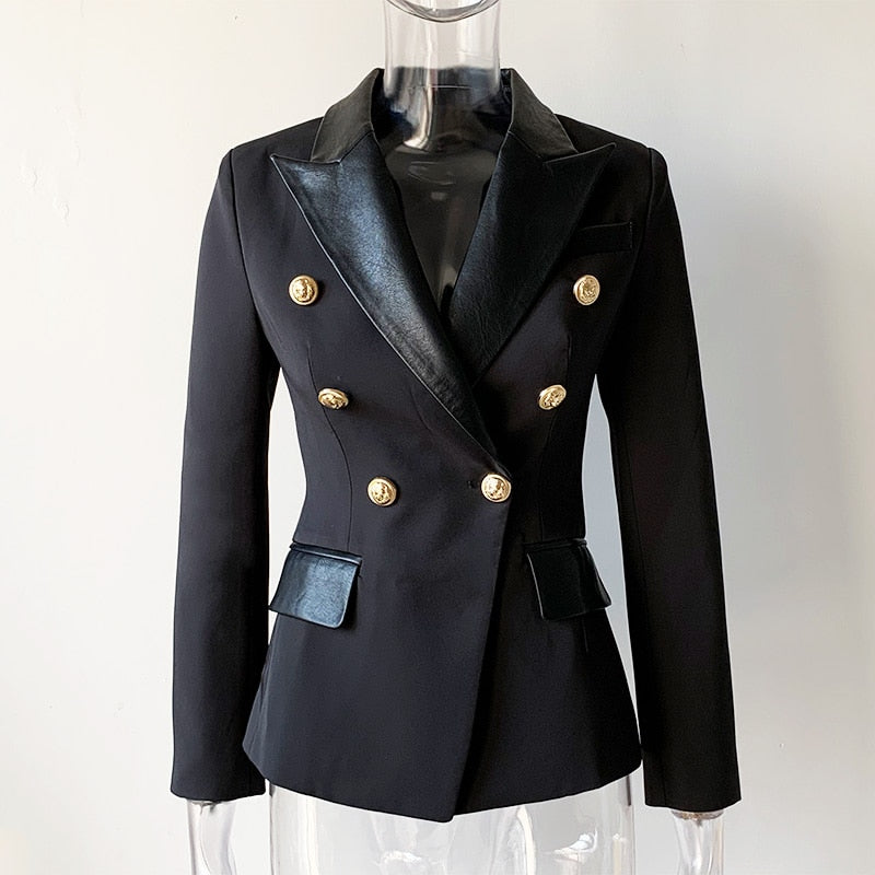 HarleyFashion 2020 Spring Autumn Quality European Design PU Leather Collar Slim Black Blazer OL Formal Classic Fittness Blazers