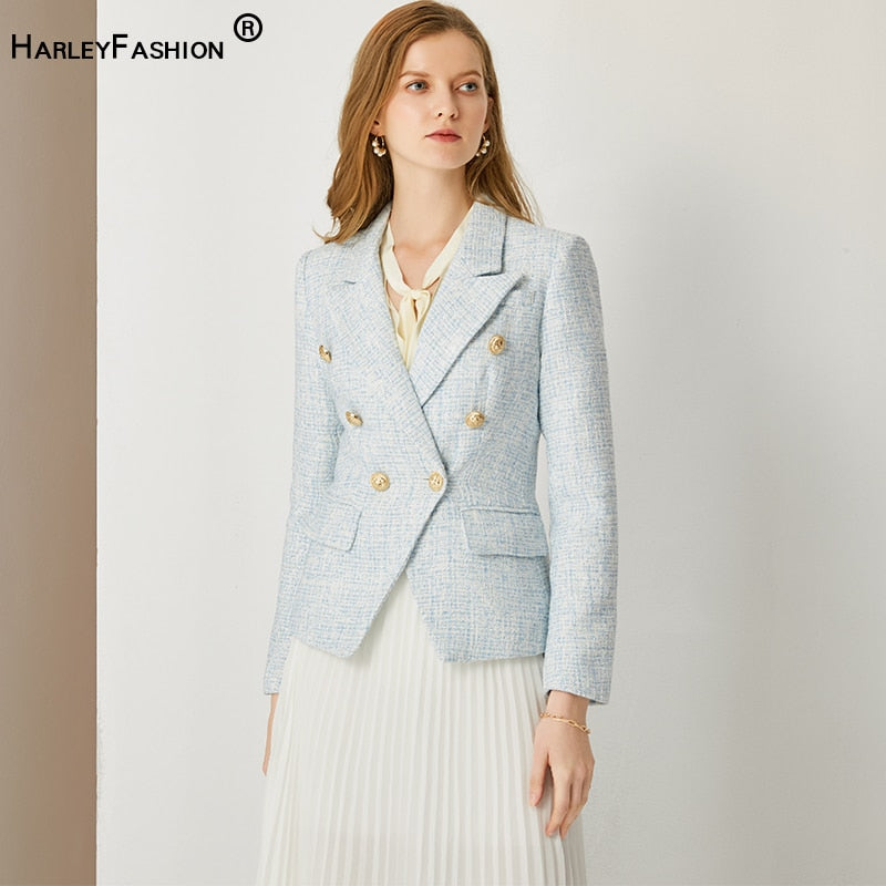 HarleyFashion Women Autumn Winter Warm Weave Tweed Blazer Plaid Pattern High Quality Casual Slim Fitness Light Blue Jackets