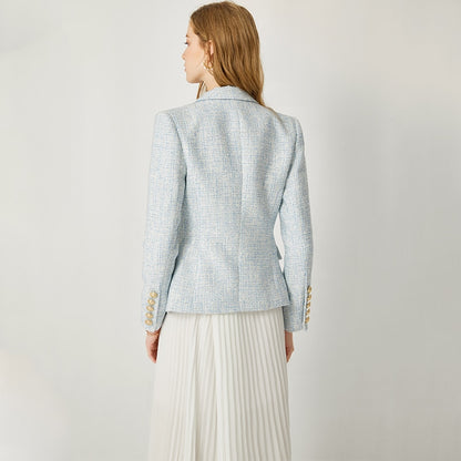 HarleyFashion Women Autumn Winter Warm Weave Tweed Blazer Plaid Pattern High Quality Casual Slim Fitness Light Blue Jackets