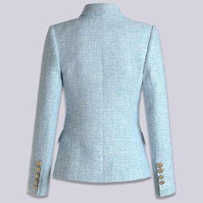 HarleyFashion Women Autumn Winter Warm Weave Tweed Blazer Plaid Pattern High Quality Casual Slim Fitness Light Blue Jackets