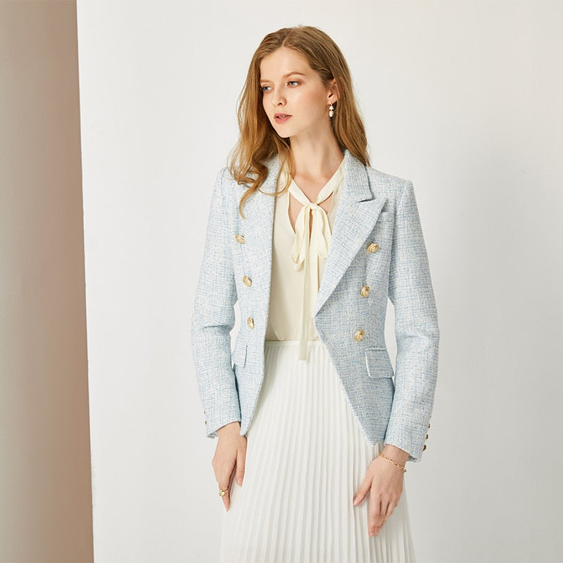 HarleyFashion Women Autumn Winter Warm Weave Tweed Blazer Plaid Pattern High Quality Casual Slim Fitness Light Blue Jackets