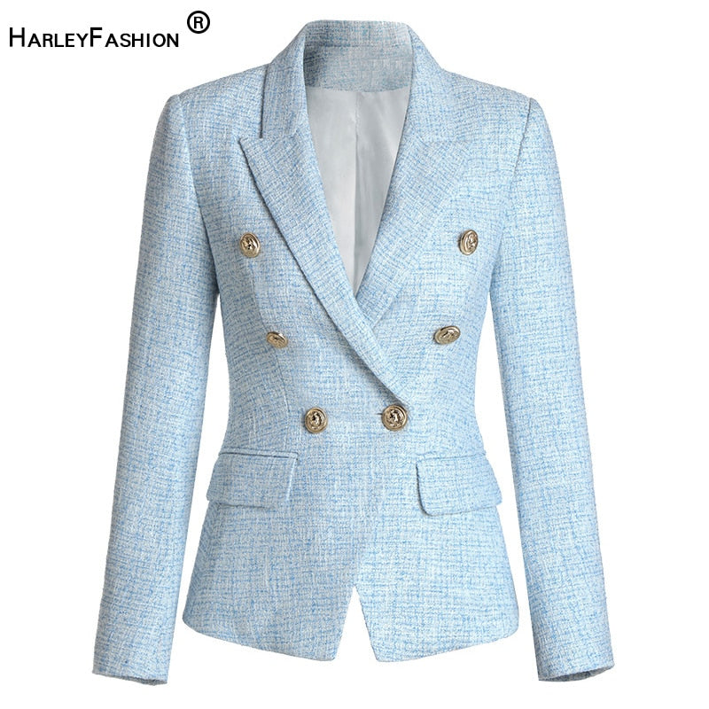 HarleyFashion Women Autumn Winter Warm Weave Tweed Blazer Plaid Pattern High Quality Casual Slim Fitness Light Blue Jackets