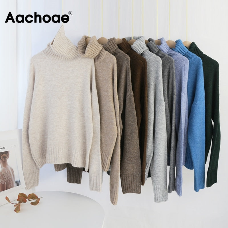 Aachoae Autumn Winter Women Knitted Turtleneck Cashmere Sweater 2020 Casual Basic Pullover Jumper Batwing Long Sleeve Loose Tops