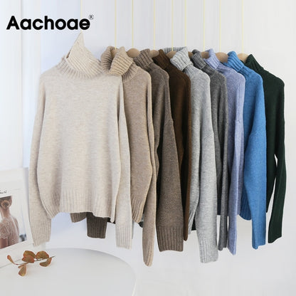 Aachoae Autumn Winter Women Knitted Turtleneck Cashmere Sweater 2020 Casual Basic Pullover Jumper Batwing Long Sleeve Loose Tops