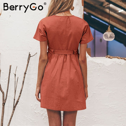 BerryGo Sexy v-neck women dresses linen dress Vintage short sleeve button sash mini dress Casual streetwear summer dress vestido