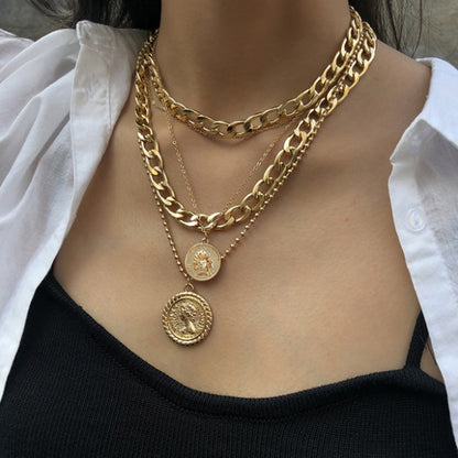 Women's Punk Multi Layer Curb Cuban Chunky Thick Portrait Choker Necklace Women Vintage Carved Coin Pendant Necklace Jewelry