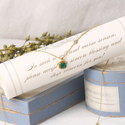 LAMOON 925 Sterling Silver Synthetic Emerald Necklace For Women Retro Princess Cut Stone 14K Gold Plated Fine Jewelry LMNI097