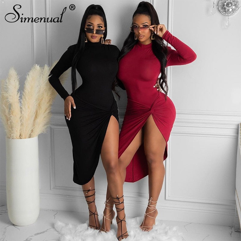 Simenual Wrap Side Split Bodycon Midi Dresses Long Sleeve for Women Fall 2020 Clothing Solid Night Partywear Skinny Dress Autumn