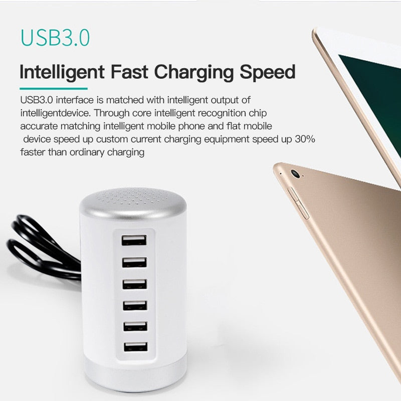 Multi-port Charger 6 USB Port Desktop Charger Rapid Tower Charging Station Power Adapter 30W LED Indicator UL Certification US