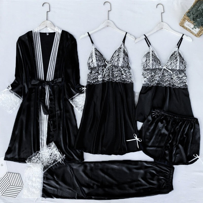 Satin Lace 5PCS Sleep Set Sexy Kimono Bathrobe Gown Female Robe Silky Nightwear Intimate Lingerie Casual Nightgown Sleepwear