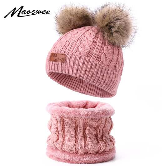 Two pieces Hat Scarf Set Beanie Cap Children's Hats Girls Caps Fake Ball Pompon Keep Warm Winter Knitted Skullies Kids Bone