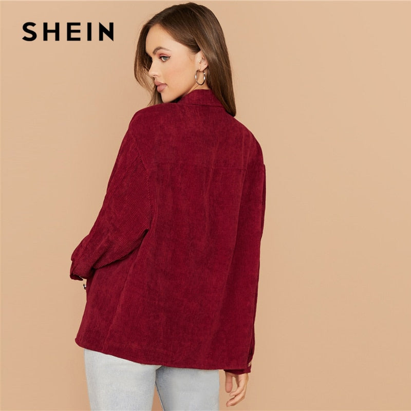 SHEIN Flap Pocket Front Cord Casual Jacket Coat Women Autumn Winter Single Breasted Long Sleeve Casual Solid Outwear Coats