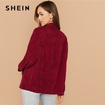 SHEIN Flap Pocket Front Cord Casual Jacket Coat Women Autumn Winter Single Breasted Long Sleeve Casual Solid Outwear Coats
