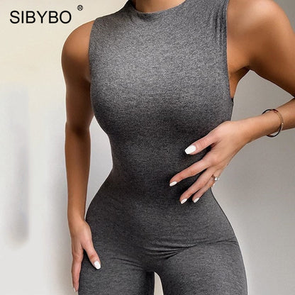 Sibybo Sleeveless Skinny Summer Rompers Womens Jumpsuit O-Neck Invisible Zipper Sexy Jumpsuit Women Solid Sport Casual Overalls