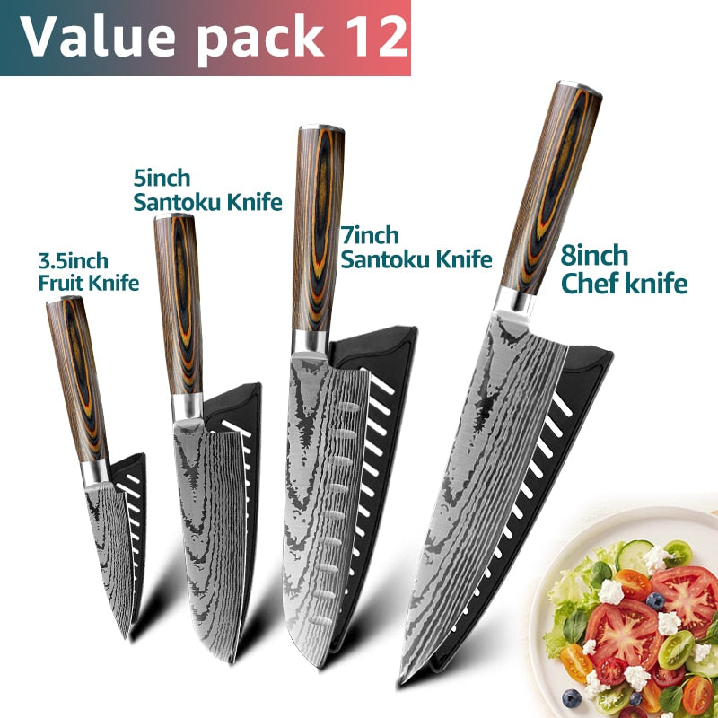 Kitchen knife Japanese Chef Knives 7CR17 440C Stainless Steel Imitation Damascus Knife Meat Cleaver Slicer Santoku Cutter Set