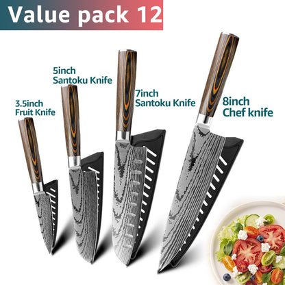 Kitchen knife Japanese Chef Knives 7CR17 440C Stainless Steel Imitation Damascus Knife Meat Cleaver Slicer Santoku Cutter Set