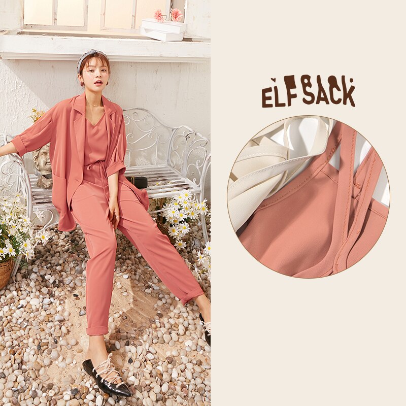 ELFSACK Candy Color Solid Casual Women Matching Sets 2020 Summer ELF High Waist Korean Office Ladies Daily Work Three Piece Sets