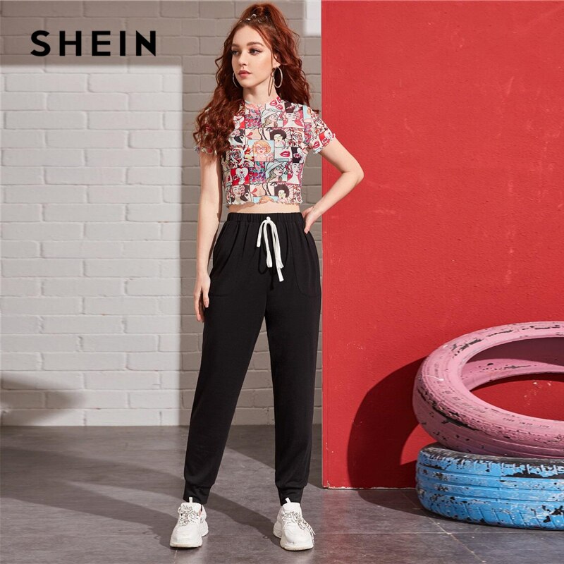 SHEIN Light Grey Knot Waist Slant Pocket Pants Women Summer Elastic Waist Ladies Casual Sporting Cropped Trousers Sweatpants