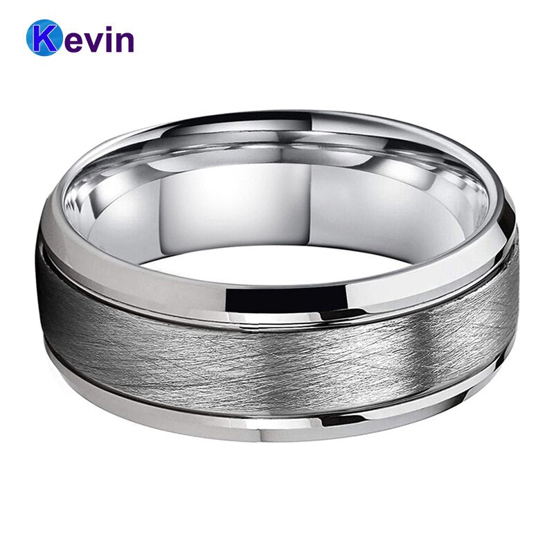Men Women Tungsten Wedding Band Ring With Bevel Brush Groove Finish 8MM Comfort Fit