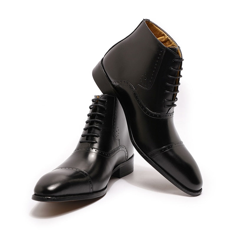 FASHION MENS ANKLE BOOTS FORMAL MEN DRESS GENUINE LEATHER SHOES WESTERN BOOTS BLACK BROWN CAP TOE LACE UP CASUAL BASIC BOOTS MEN