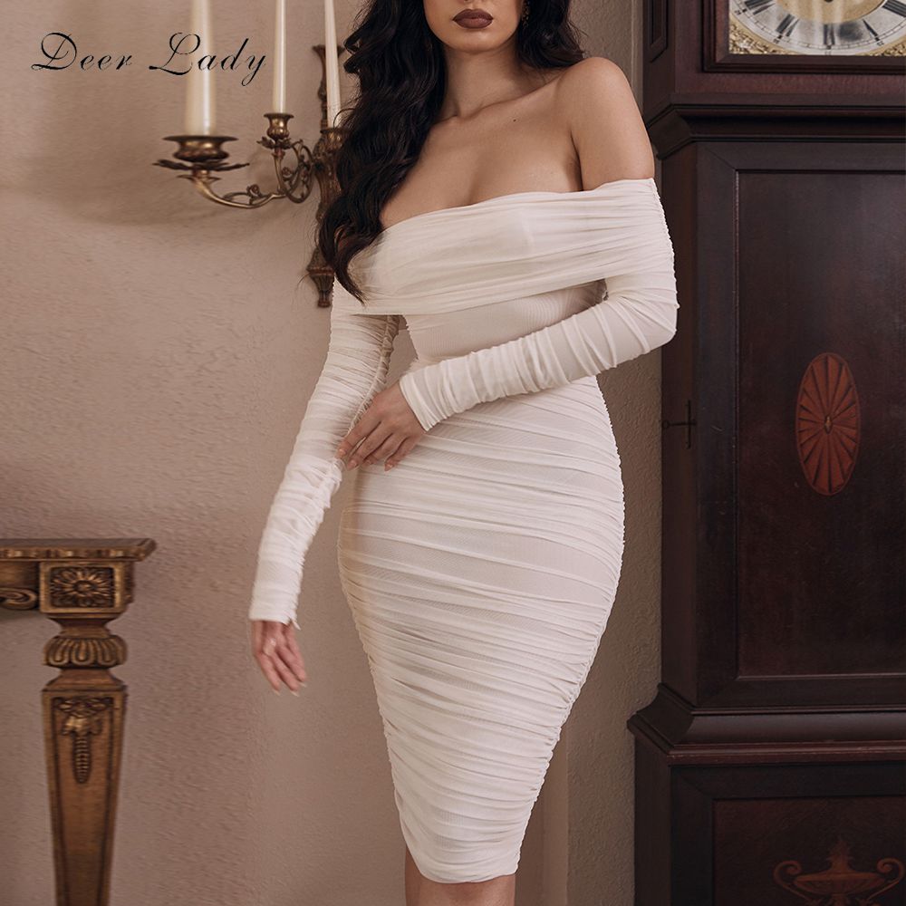 Deer Lady Summer Party Dress Women 2019 Sexy Mesh Bodycon Dress Long Sleeve Off Shoulder Sheer Ruched Celebrity Club Dress