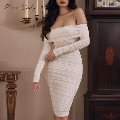 Deer Lady Summer Party Dress Women 2019 Sexy Mesh Bodycon Dress Long Sleeve Off Shoulder Sheer Ruched Celebrity Club Dress
