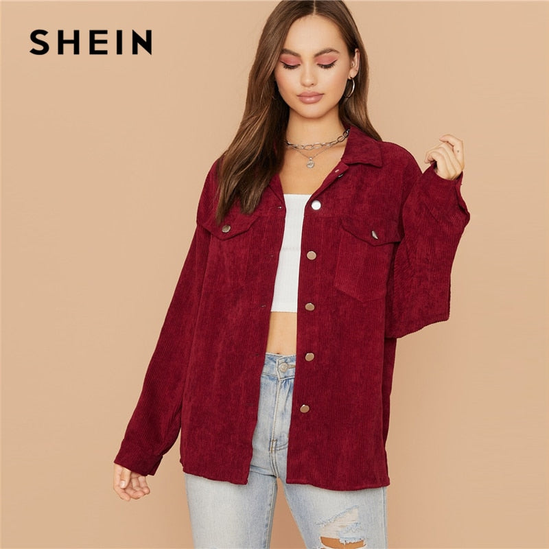 SHEIN Flap Pocket Front Cord Casual Jacket Coat Women Autumn Winter Single Breasted Long Sleeve Casual Solid Outwear Coats