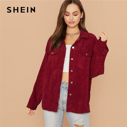 SHEIN Flap Pocket Front Cord Casual Jacket Coat Women Autumn Winter Single Breasted Long Sleeve Casual Solid Outwear Coats