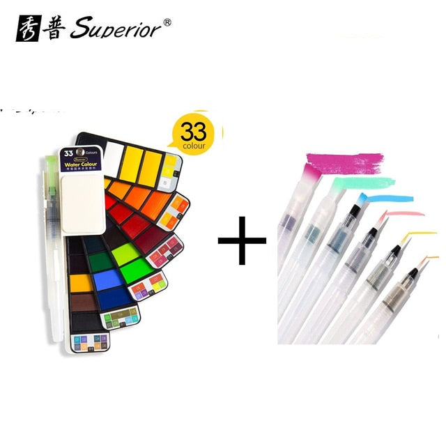 Superior Solid Watercolor Paint With 6Pcs Water Brush Pen Foldable Travel Water Color Pigment