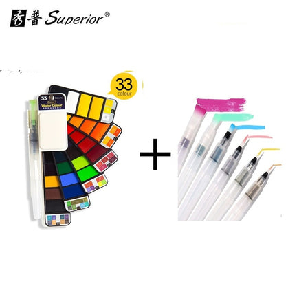 Superior Solid Watercolor Paint With 6Pcs Water Brush Pen Foldable Travel Water Color Pigment