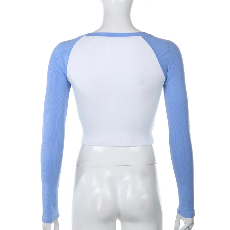 Sweetown 2020 Autumn Contrast Color Basic Crop Top Shirt Long Sleeve Streetwear Women Casual Slim Cute Kawaii T-Shirt Harajuku