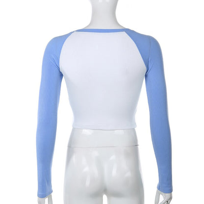 Sweetown 2020 Autumn Contrast Color Basic Crop Top Shirt Long Sleeve Streetwear Women Casual Slim Cute Kawaii T-Shirt Harajuku