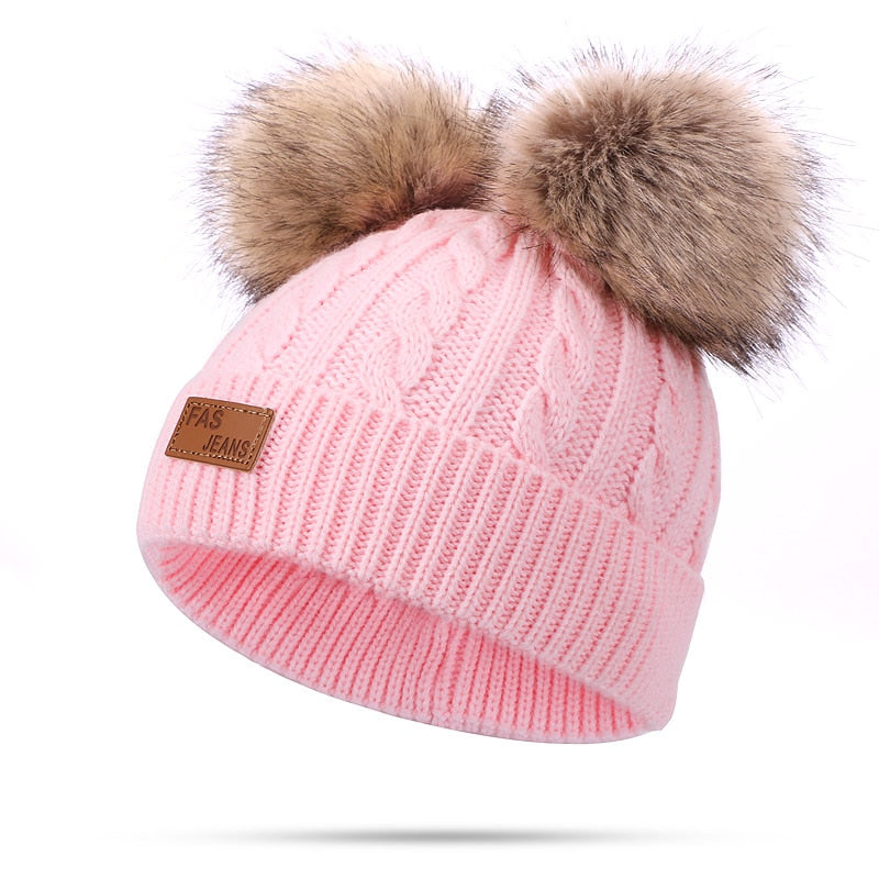 Two pieces Hat Scarf Set Beanie Cap Children's Hats Girls Caps Fake Ball Pompon Keep Warm Winter Knitted Skullies Kids Bone