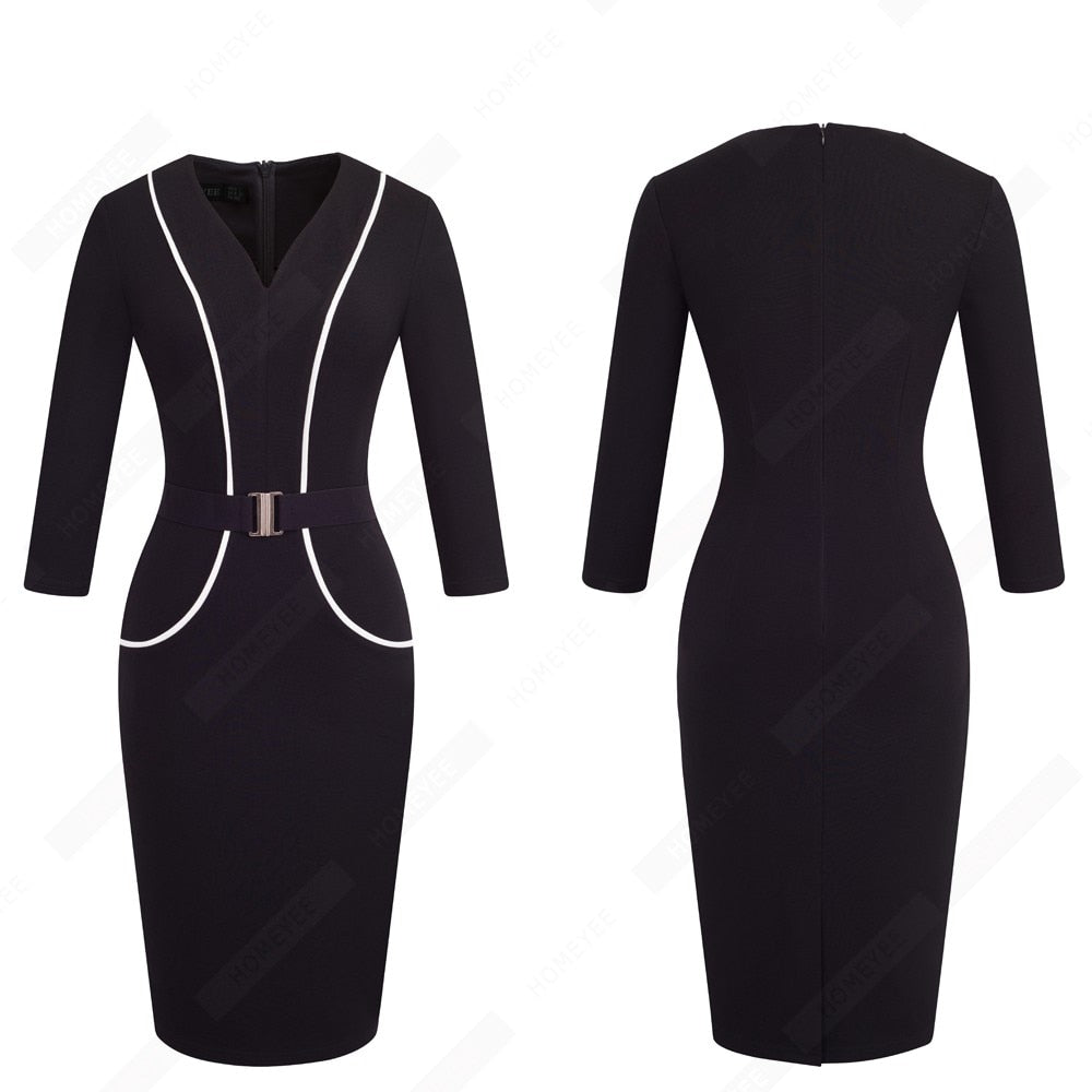 Women Elegant Patchwork Belted Work Bodycon V Neck Contrast Fashion Office Lady Dress EB414