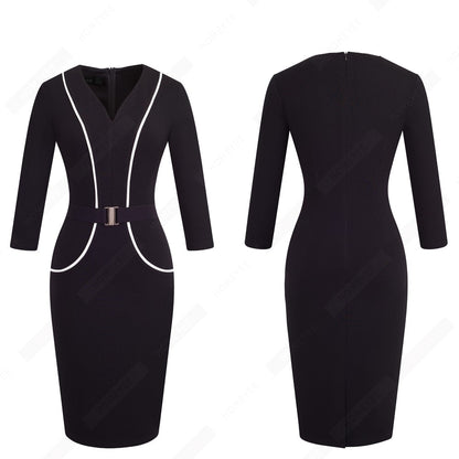Women Elegant Patchwork Belted Work Bodycon V Neck Contrast Fashion Office Lady Dress EB414