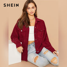 Load image into Gallery viewer, SHEIN Flap Pocket Front Cord Casual Jacket Coat Women Autumn Winter Single Breasted Long Sleeve Casual Solid Outwear Coats
