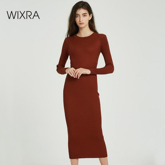 Wixra Women Sweater Dress All Base Match Slim Female O-neck Full Sleeve Mid-calf Knit Dresses Ladies 2019 Autumn Winter