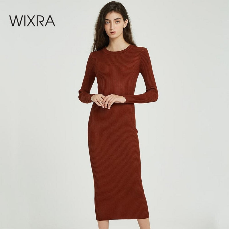 Wixra Women Sweater Dress All Base Match Slim Female O-neck Full Sleeve Mid-calf Knit Dresses Ladies 2019 Autumn Winter