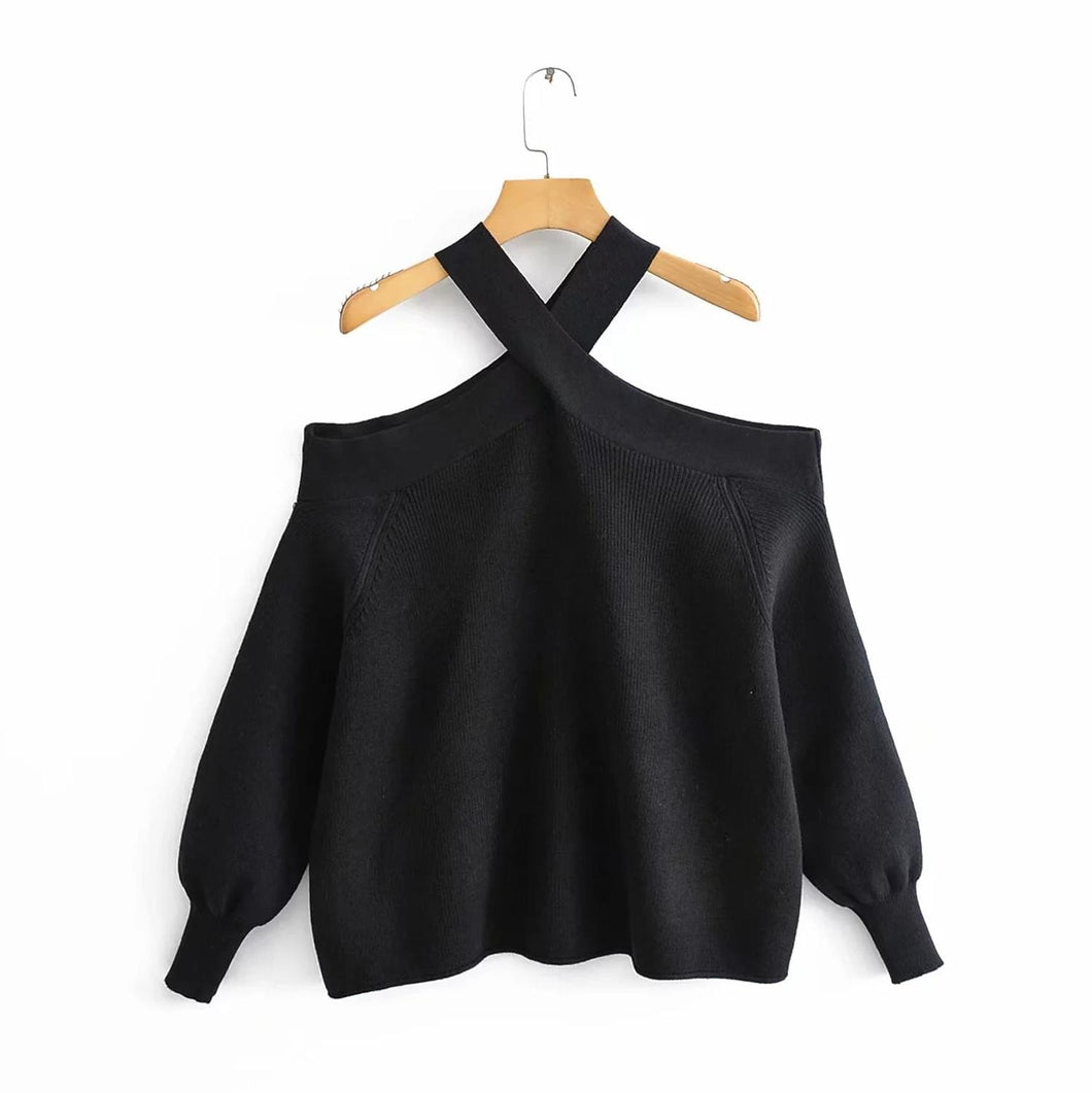 Oversize women cross halter sweaters 2020 spring fashion ladies elegant knitted pullovers female knitwear soft girls chic tops