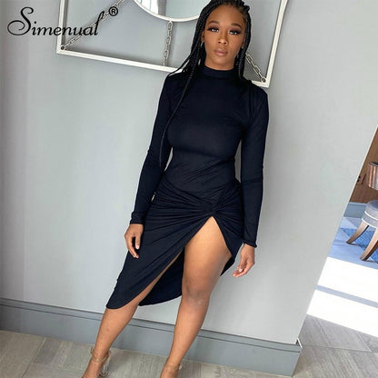 Simenual Wrap Side Split Bodycon Midi Dresses Long Sleeve for Women Fall 2020 Clothing Solid Night Partywear Skinny Dress Autumn