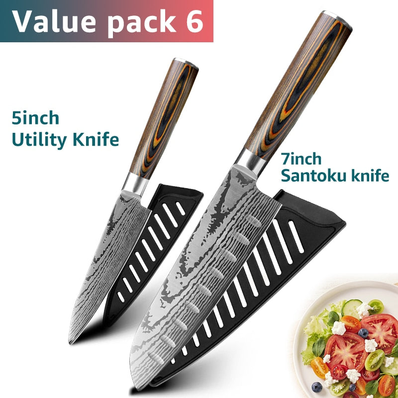 Kitchen knife Japanese Chef Knives 7CR17 440C Stainless Steel Imitation Damascus Knife Meat Cleaver Slicer Santoku Cutter Set