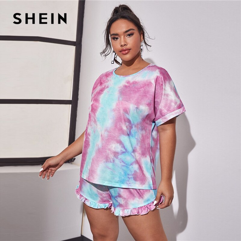 SHEIN Plus Size Tie Dye Round Neck Tee and Frill Trim Shorts Pajama Sets Women Summer Sleepwear Loungewear Casual Plus PJ Set