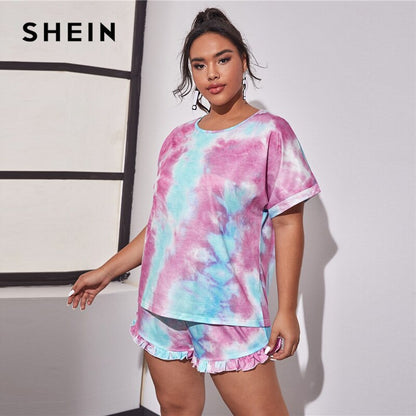 SHEIN Plus Size Tie Dye Round Neck Tee and Frill Trim Shorts Pajama Sets Women Summer Sleepwear Loungewear Casual Plus PJ Set