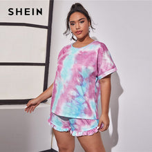 Load image into Gallery viewer, SHEIN Plus Size Tie Dye Round Neck Tee and Frill Trim Shorts Pajama Sets Women Summer Sleepwear Loungewear Casual Plus PJ Set
