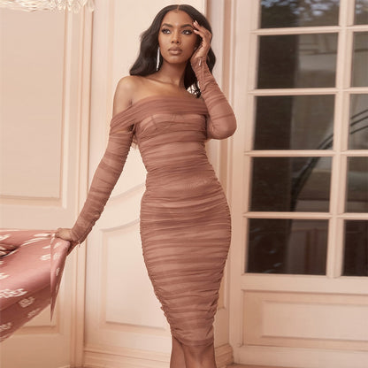 Deer Lady Summer Party Dress Women 2019 Sexy Mesh Bodycon Dress Long Sleeve Off Shoulder Sheer Ruched Celebrity Club Dress